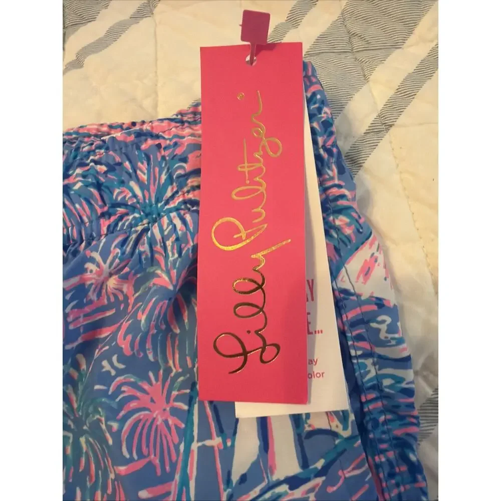 Lilly Pulitzer Boca Blue Pink Sailabration Swimsuit Swim Trunks Boys L 8/10 NWT
